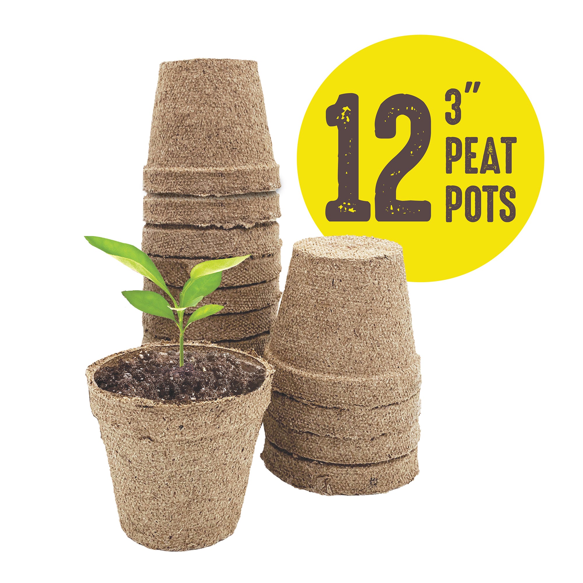A stack of brown 3 inch Jiffy biodegradable peat pots